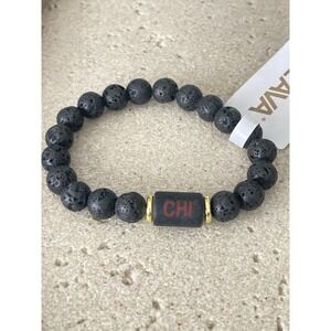 CHI LAVA Black Lava Rock Beaded Stretch Bracelet Gold Tone Accent Earthy